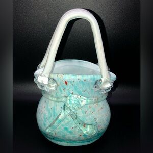 Vintage Block Crystal Art Glass Handbag Mouth Blown Turquoise Blue And Orange